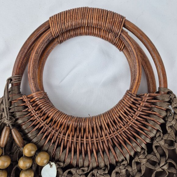 Coldwater Creek Chocolate Brown Macrame Woven Wood Double Hoop Handle Bag - Picture 9 of 14